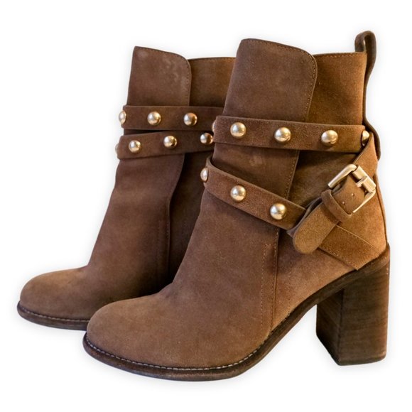 See By Chloé Light Brown Studded Suede Heeled Ankle Boots - Picture 3 of 9